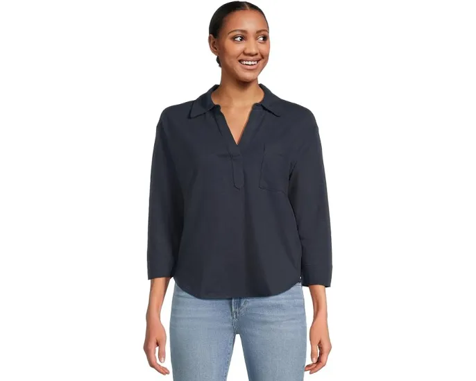 Футболка L.L.Bean из хлопка и льна с разрезным воротником и карманом