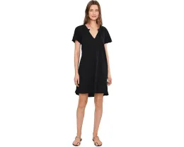 Short Sleeve Shirred Split-Neck Dress
