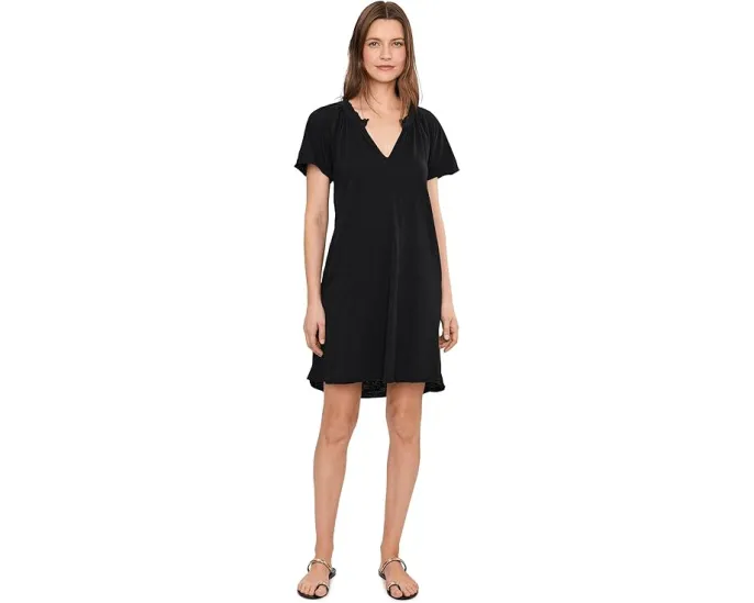 Short Sleeve Shirred Split-Neck Dress
