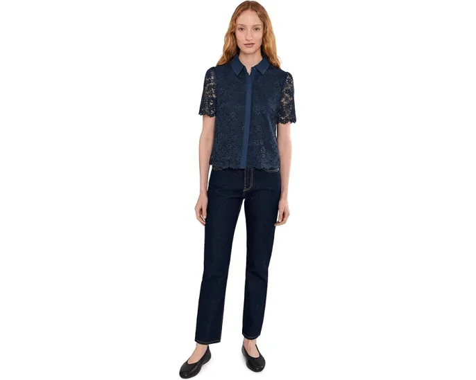 Lace Short Sleeves Hidden Placket Shirt