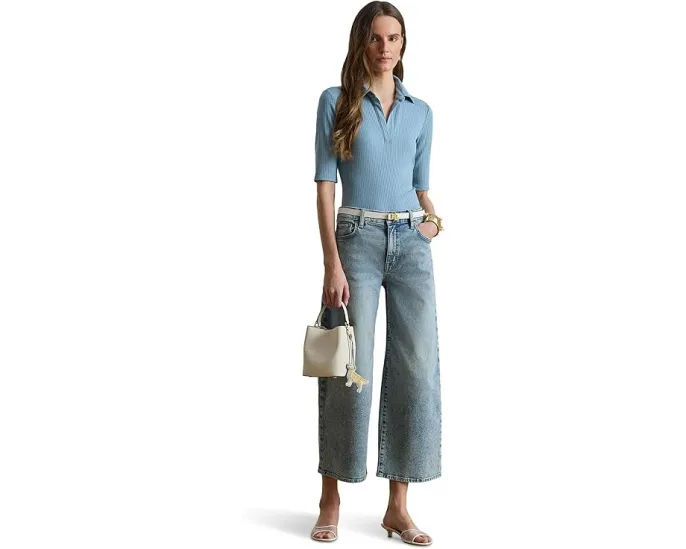 Вязаное поло с рукавом три четверти и ребристой текстурой от Lauren Ralph Lauren синее