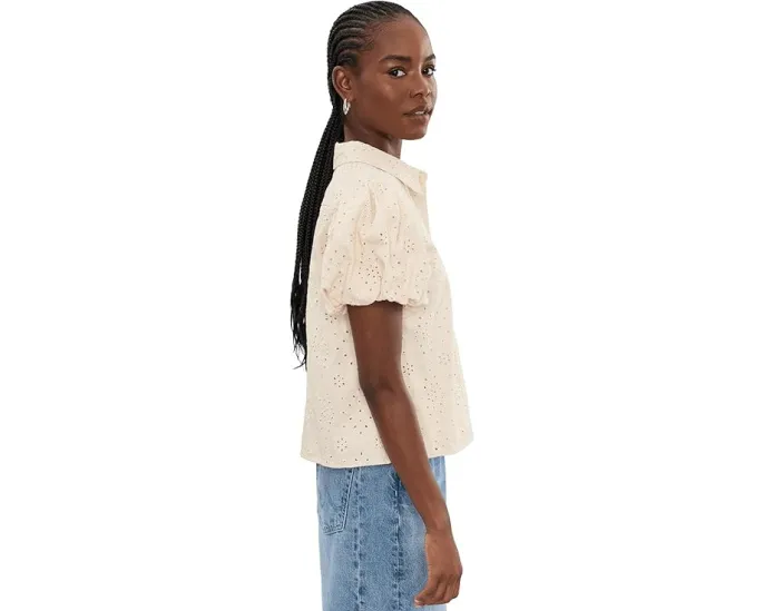 Collared Eyelet Embroidery Bubble Sleeve Top