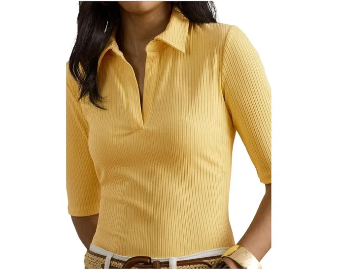 Rib-Knit Elbow-Sleeve Polo Tee