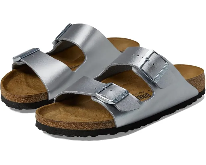 Сандалии Birkenstock Arizona из материала Birko-Flor с серебристым оттенком