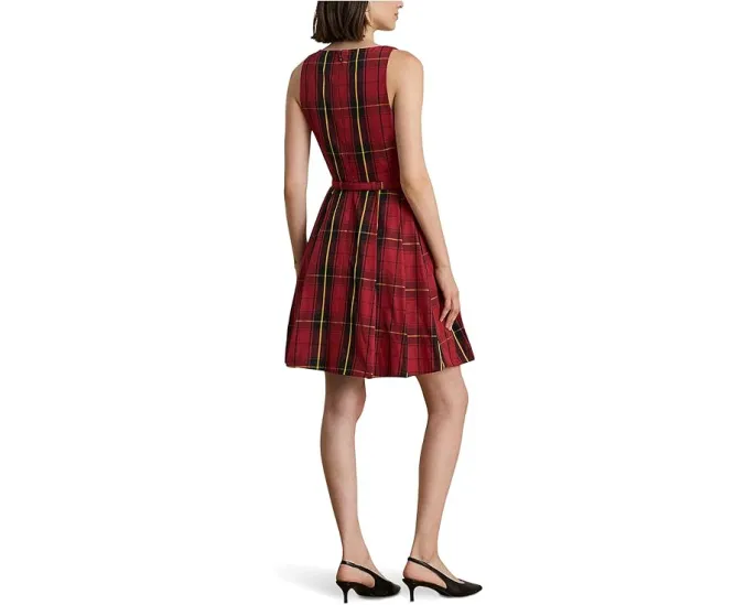 Коктейльное платье с поясом и плиссированной юбкой из тафты в клетку Lauren Ralph Lauren