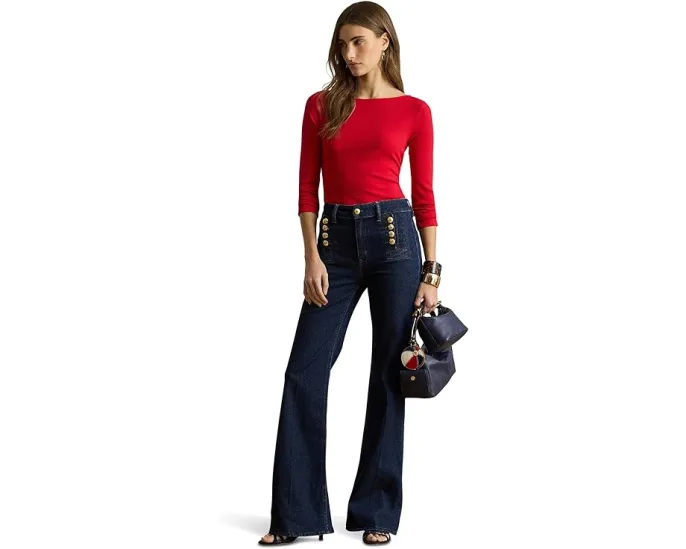 Футболка Lauren Ralph Lauren Petite из хлопкового рибаны с лодочкой и вышитым логотипом