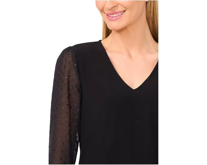 Топ CeCe смешанной вязки с рукавом три четверти и шифоновыми вставками