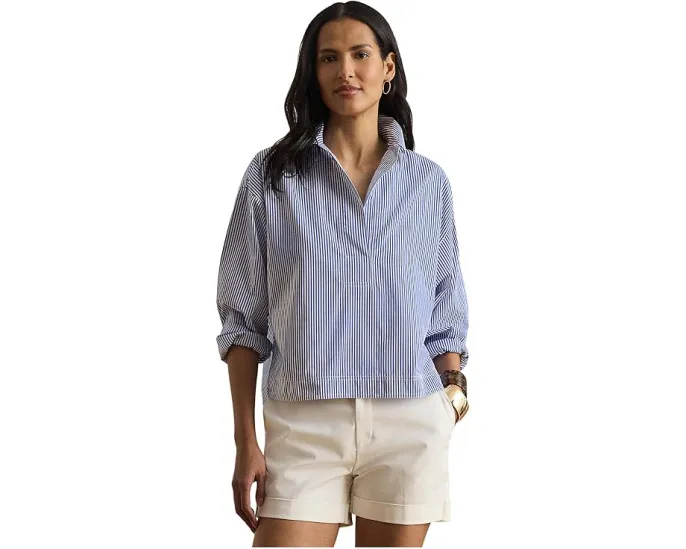 Полосатая укороченная рубашка Lauren Ralph Lauren из хлопка с высоко-низким подолом