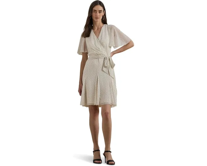 Платье Lauren Ralph Lauren Polka Dot Georgette Surplice с поясом и оборками