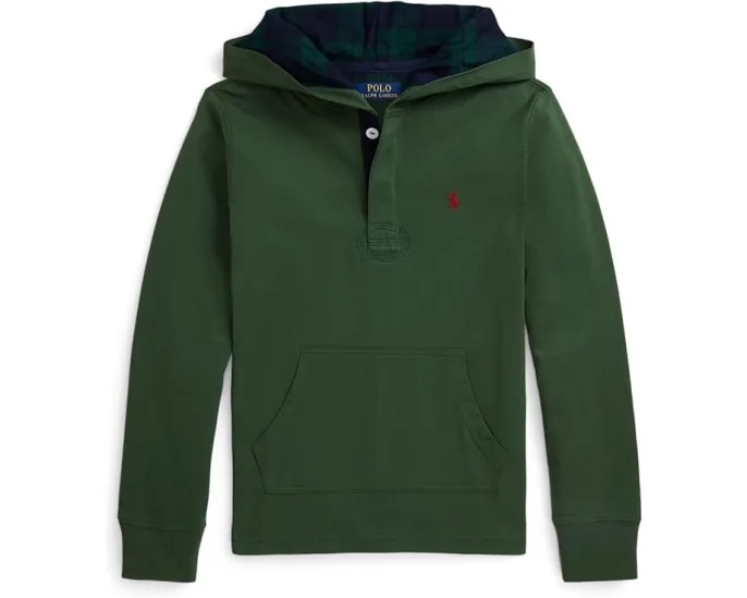 Регби футболка Polo Ralph Lauren Kids с капюшоном и клетчатой отделкой для детей постарше