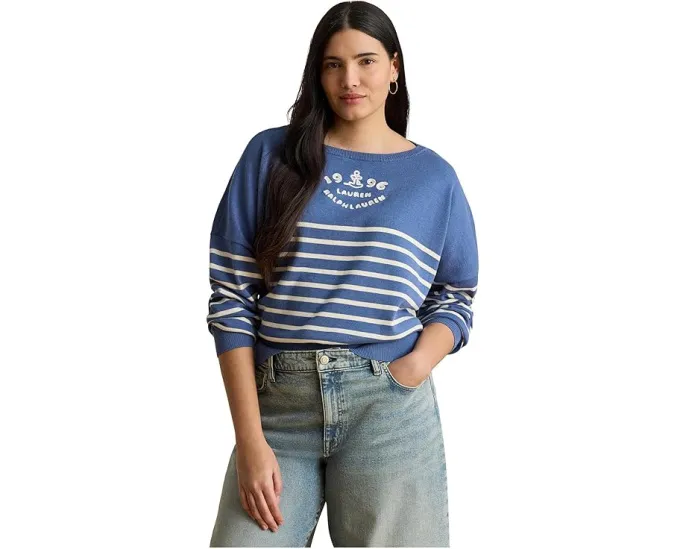 Lauren Ralph Lauren свитер плюс сайз с логотипом и полосками из хлопка с лодочкой