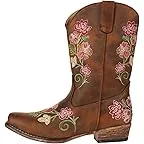 Brown Faux Leather Vamp/Floral Embroidery