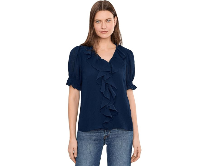 Топ CeCe Ruffled Pintuck Elbow Sleeve с рюшами и V-вырезом