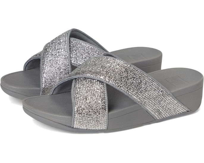 Сандалии Lulu Crinkled-shimmer Cross Slides от FitFlop с блестками