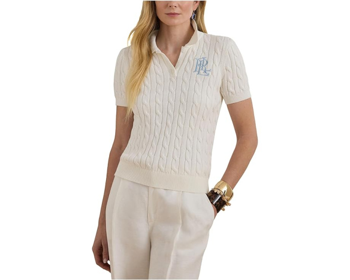Хлопковый пуловер поло Cable Knit Cotton от Lauren Ralph Lauren
