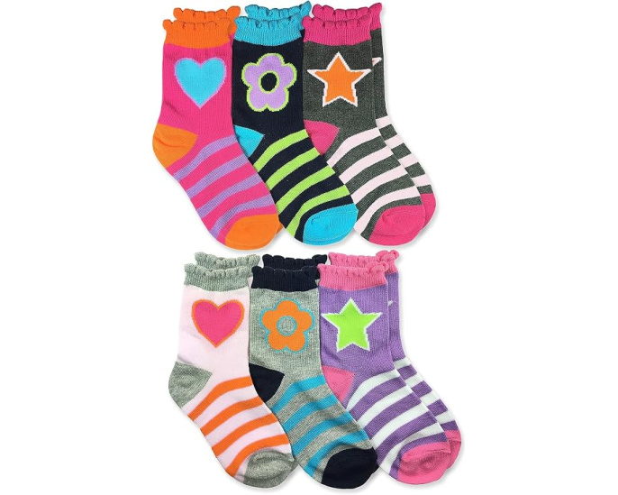 Girls' Big Hearts/Daisies/Stripes Fashion Crew Socks 6 Pack