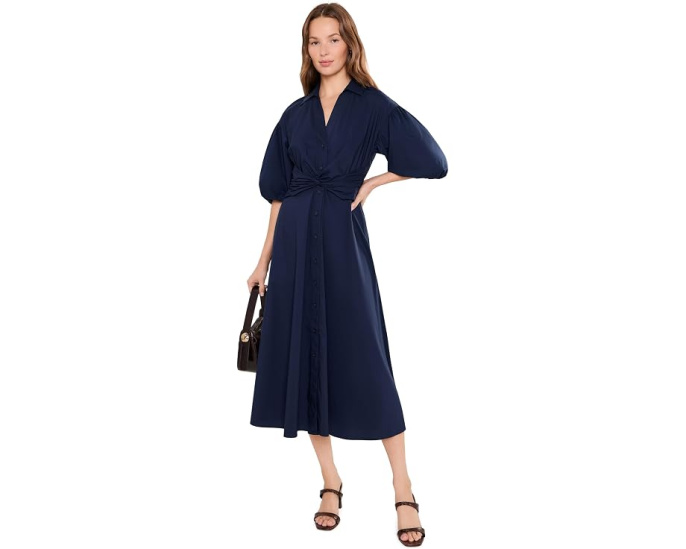 Twist-Front Bubble-Sleeve Shirtdress