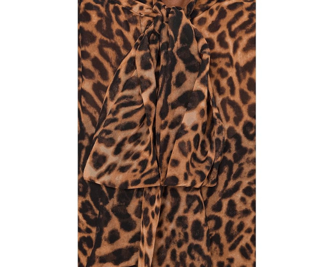 Ocelot-Print Chiffon Tie Neck Blouse