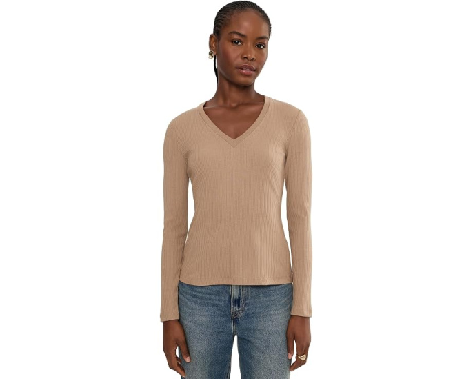 Rib-Knit Long Sleeve V-Neck Top