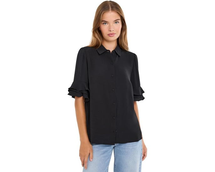 Блузка CeCe с длинным рукавом, воротником и воланами
