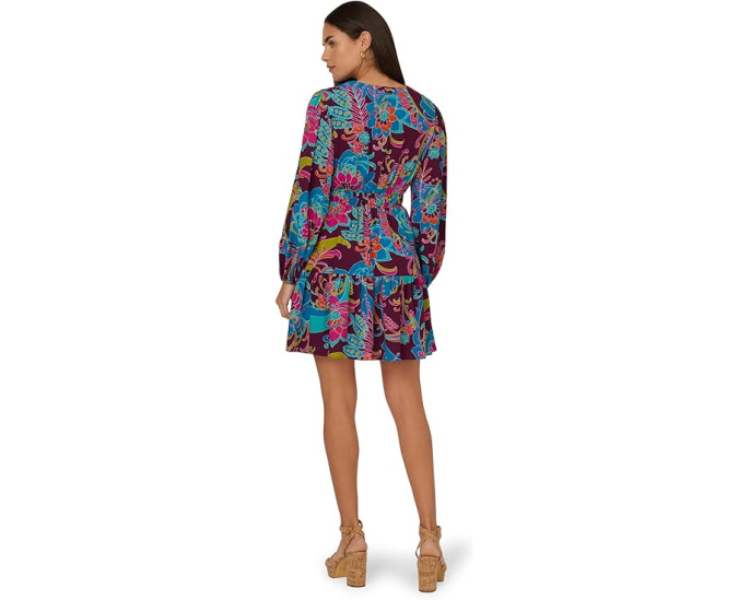 Короткое платье Adrianna Papell Printed Flounce с присборенными рукавами