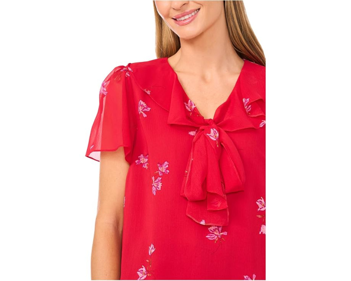 Short Sleeve Ruffle Tie Neck Top