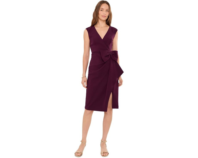 Adrianna Papell платье короткое V-Neck Crepe с бантом и боковым разрезом