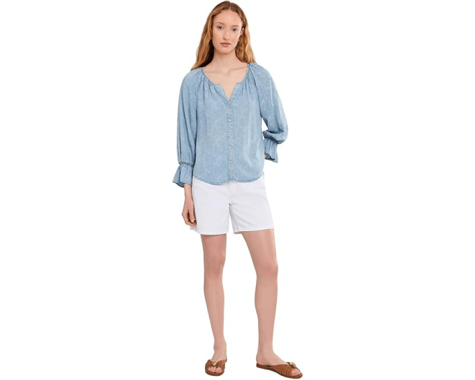 Petite 3/4 Sleeve Button Front Shirred Woven Top