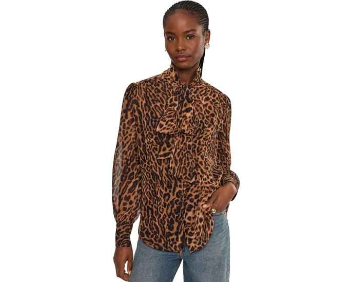 Ocelot-Print Chiffon Tie Neck Blouse