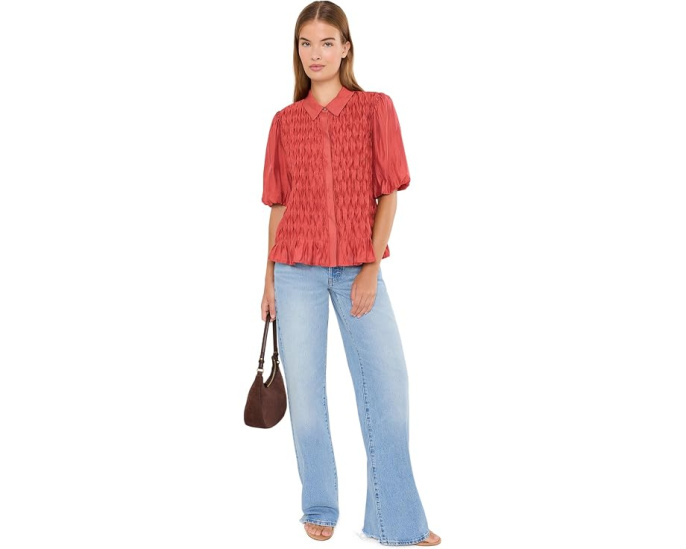 Button Front Bubble Sleeve Top
