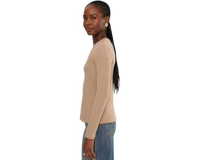 Rib-Knit Long Sleeve V-Neck Top