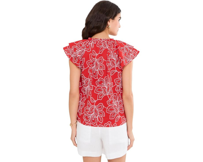 Топ CeCe Flutter Sleeve с вышивкой и завязками цвета Classic Cherry