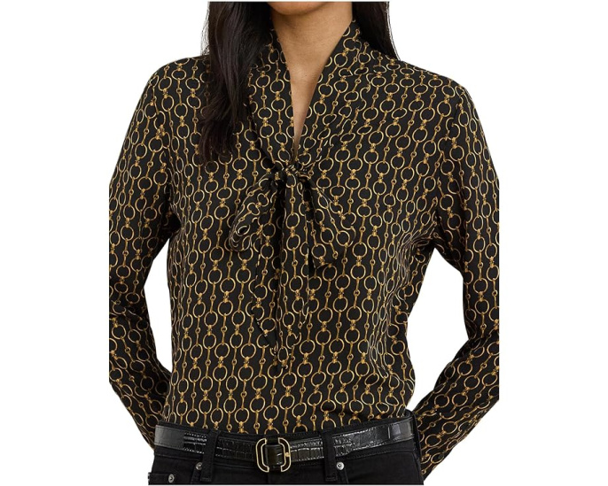 Chain-Print Crepe Tie Neck Blouse