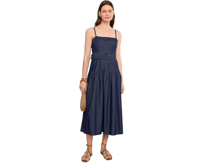 Джинсовое миди платье Pintucked Denim Midi Adrianna Papell с квадратным вырезом