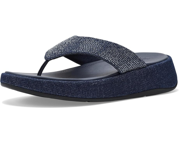 Сандалии FitFlop F Mode Toe Post из денима с кристаллами Hotfix
