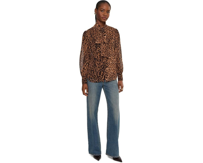 Ocelot-Print Chiffon Tie Neck Blouse
