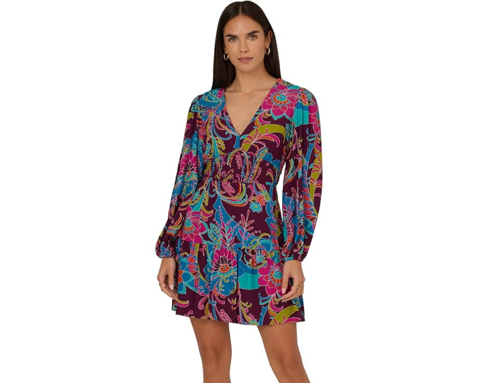 Короткое платье Adrianna Papell Printed Flounce с присборенными рукавами