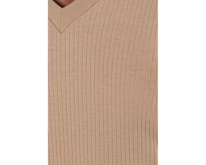 Rib-Knit Long Sleeve V-Neck Top