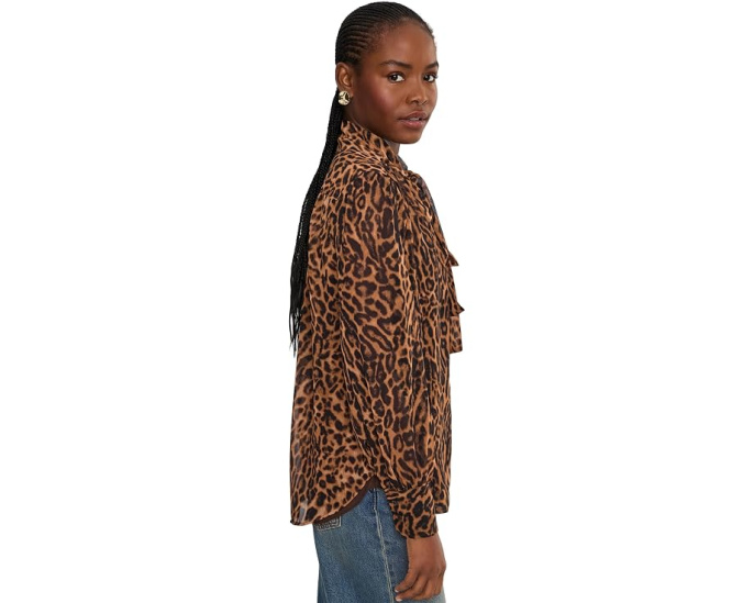 Ocelot-Print Chiffon Tie Neck Blouse