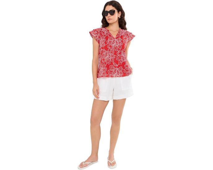 Топ CeCe Flutter Sleeve с вышивкой и завязками цвета Classic Cherry