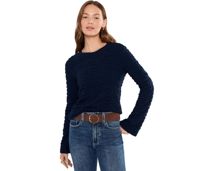 Long Flare Sleeve Crew Neck Knit Top