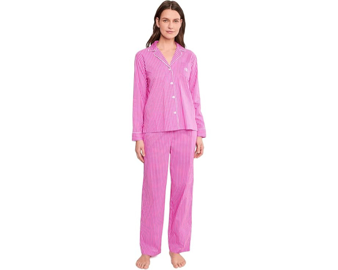 Пижамный комплект Long Sleeve Notch Collar Long Pants PJ от Lauren Ralph Lauren с принтом в розовую полоску