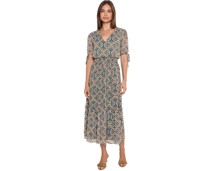 Платье миди CeCe V-Neck с принтом и поясом на резинке