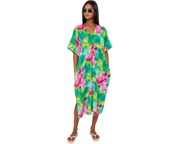 Natori кафтан Tropic Crinkle Windowpane в клетку