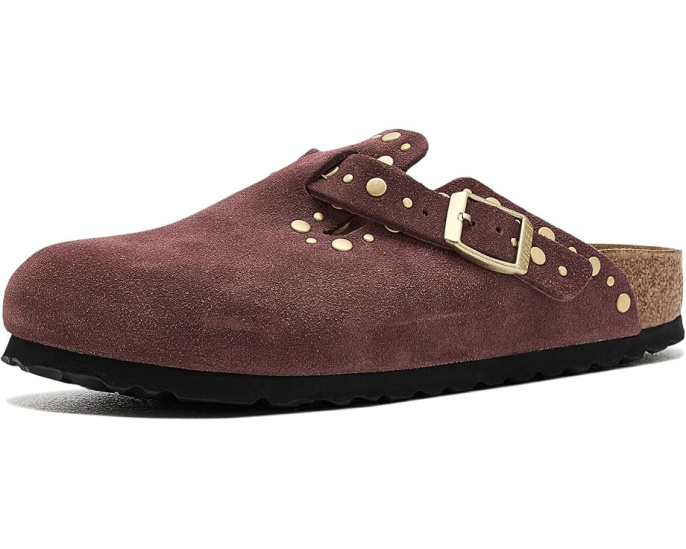 Клоги Birkenstock Boston Rivets с заклепками из замши перцового цвета