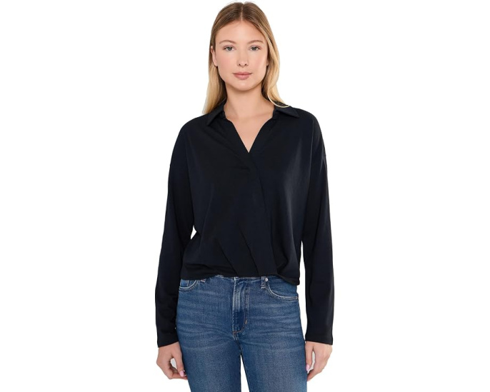 Топ Lilla P Faux Wrap Collared с имитацией запаха и длинными рукавами