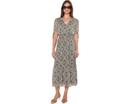Платье миди CeCe V-Neck с принтом и поясом на резинке
