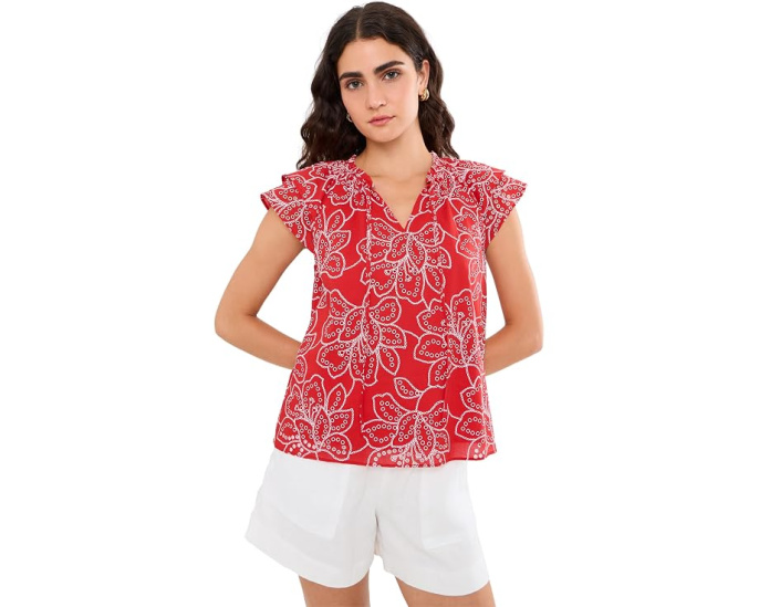 Топ CeCe Flutter Sleeve с вышивкой и завязками цвета Classic Cherry