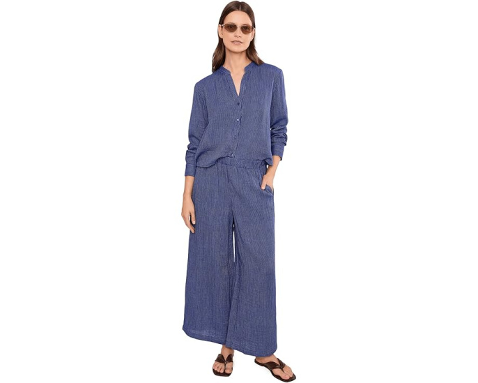 Полосатая хлопковая рубашка с мандариновым воротником Eileen Fisher