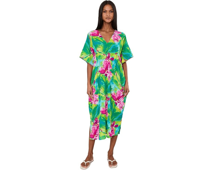 Natori кафтан Tropic Crinkle Windowpane в клетку